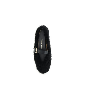 Ferragamo Black Fur Ballet Flats