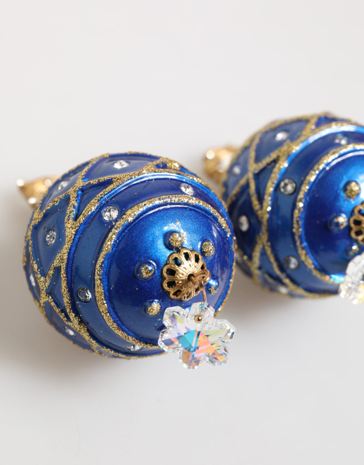 Dolce & Gabbana Gold Brass Blue Christmas Ball Crystal Drop Clip On Earrings