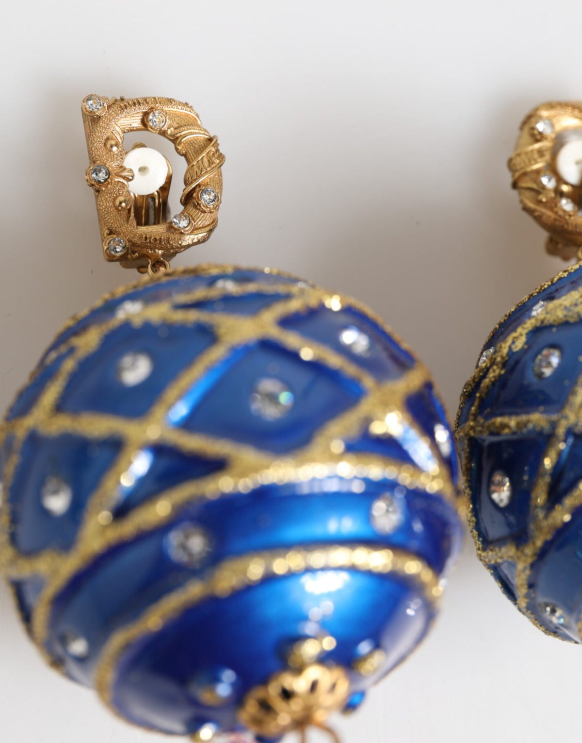 Dolce & Gabbana Gold Brass Blue Christmas Ball Crystal Drop Clip On Earrings