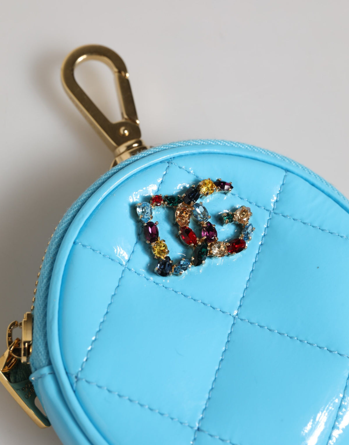 Dolce & Gabbana Azure Blue Leather Round Coin Purse Keychain Crystal Logo Wallet