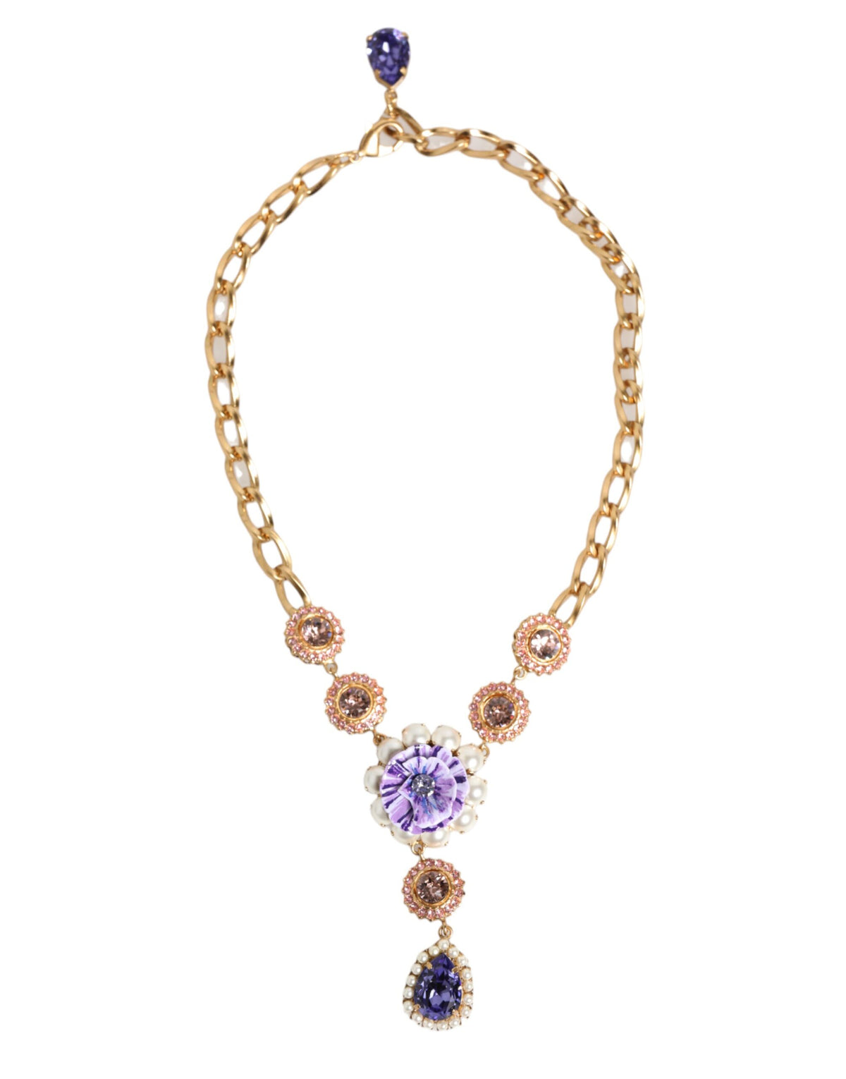 Dolce & Gabbana Gold Brass Crystal Pearl Purple Floral Pendant Jewelry Necklace