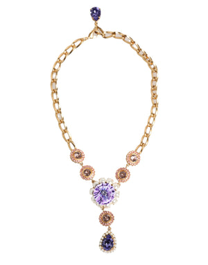 Dolce & Gabbana Gold Brass Crystal Pearl Purple Floral Pendant Jewelry Necklace