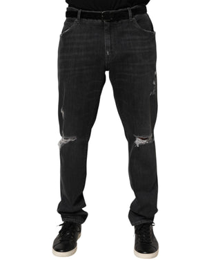 Dolce & Gabbana Black Cotton Slim Fit Distressed Ripped Logo Jeans