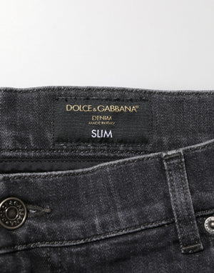 Dolce & Gabbana Black Cotton Slim Fit Distressed Ripped Logo Jeans