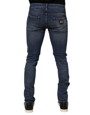 Dolce & Gabbana Blue Cotton Logo Plaque Skinny Men Denim Jeans