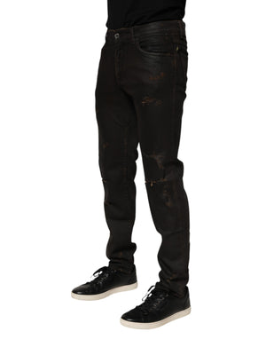 Dolce & Gabbana Dark Brown Tattered Cotton Skinny Denim Jeans