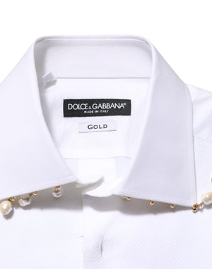 Dolce & Gabbana White Cotton DG Logo Pearl GOLD Formal Shirt