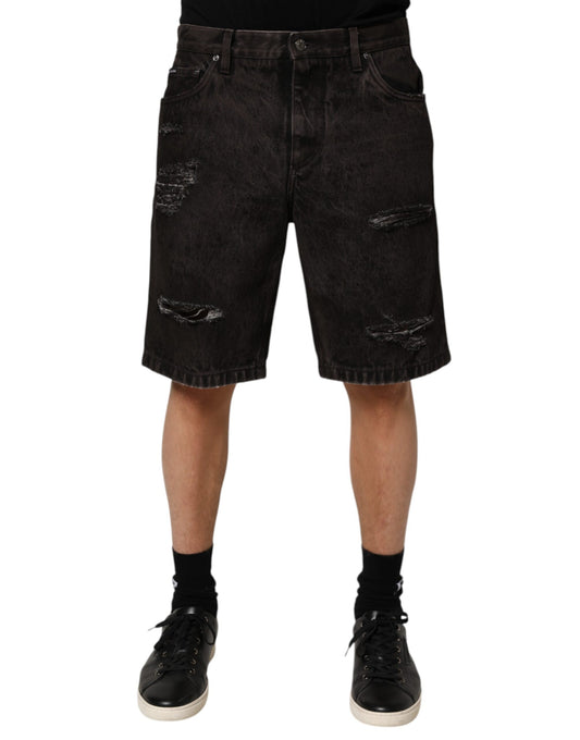 Dolce & Gabbana Black Cotton Tattered Denim Men Bermuda Short
