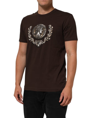 Dolce & Gabbana Brown Coin Laurel Print Men Crew Neck T-shirt