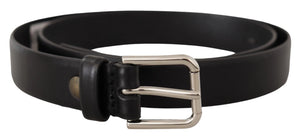 Dolce & Gabbana Black Calf Leather Silver Tone Logo Buckle Belt