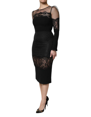 Dolce & Gabbana Black Lace Trim Nylon Tulle SheathMidi Dress