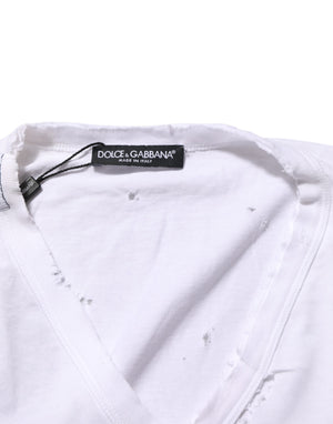Dolce & Gabbana White Distressed Cotton V Neck Men T-shirt