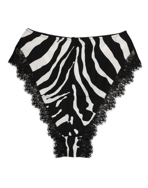 Dolce & Gabbana Black Silk Zebra Print Lace High Waist Underwear