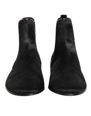 Dolce & Gabbana Black Leather Fur Men CHELSEA Boots Shoes