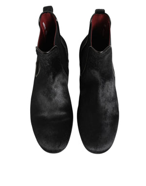 Dolce & Gabbana Black Leather Fur Men CHELSEA Boots Shoes