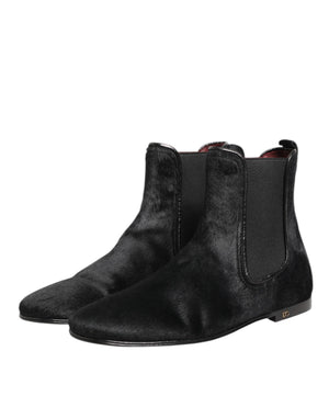 Dolce & Gabbana Black Leather Fur Men CHELSEA Boots Shoes