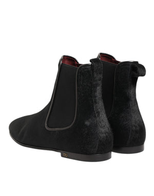 Dolce & Gabbana Black Leather Fur Men CHELSEA Boots Shoes
