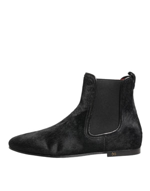 Dolce & Gabbana Black Leather Fur Men CHELSEA Boots Shoes