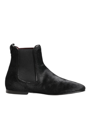 Dolce & Gabbana Black Leather Fur Men CHELSEA Boots Shoes
