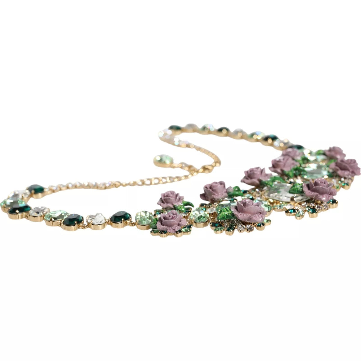 Dolce & Gabbana Gold Brass Link Chain Rose Petal Crystal Necklace