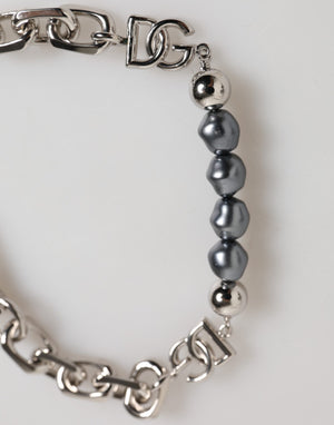 Dolce & Gabbana Silver Tone Chain Lobster Clasp Logo Gray Pearls Bracelet