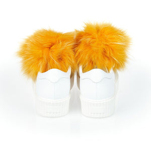 Mr&Mrs Italy White Textile Women Sneaker With Real Fur Pom Poms