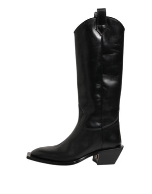 Dolce & Gabbana Black Leather Over The Calf Biker Boots Shoes