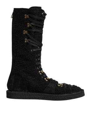 Dolce & Gabbana Black Alpaca Wool Suede Mid Calf Boots Shoes