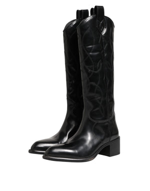 Dolce & Gabbana Black Leather Over The Calf Biker Boots Shoes