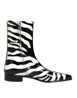 Dolce & Gabbana Black White Zebra Leather Mid Calf Boots Shoes