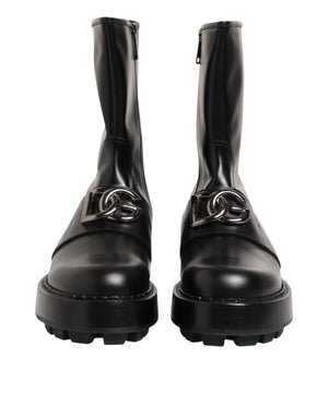 Dolce & Gabbana Black Logo Plaque Mid Calf Biker Boots Shoes