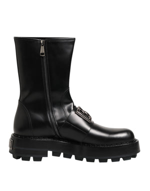 Dolce & Gabbana Black Logo Plaque Mid Calf Biker Boots Shoes