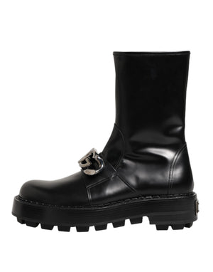 Dolce & Gabbana Black Logo Plaque Mid Calf Biker Boots Shoes