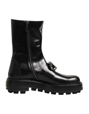 Dolce & Gabbana Black Logo Plaque Mid Calf Biker Boots Shoes