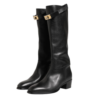Dolce & Gabbana Black Logo Plaque Over The Calf Boots Shoes
