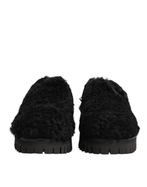 Dolce & Gabbana Dress Black Fur Leather Slippers Men Shoes
