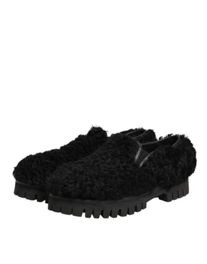 Dolce & Gabbana Dress Black Fur Leather Slippers Men Shoes