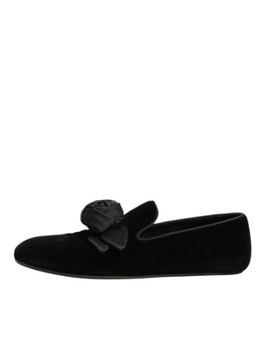 Dolce & Gabbana Black Suede Cotton Rose Slip On Loafers Shoes
