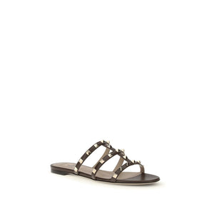 Valentino Garavani Brown Calf Leather Bos Taurus Flat Sandals