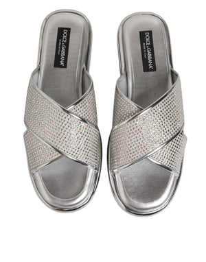 Dolce & Gabbana Silver Strass Slides Flats Slippers Shoes