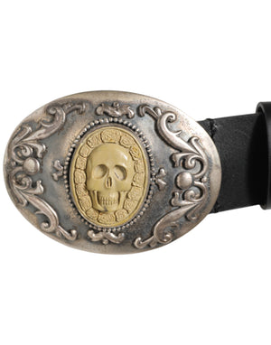 Dolce & Gabbana Black Leather Ornate Metal Buckle Men Belt