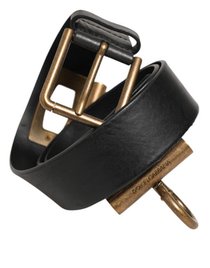 Dolce & Gabbana Black Leather Side Rings Brass Buckle Belt