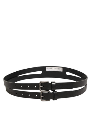 Dolce & Gabbana Black Double Strap Leather Silver Buckle Belt