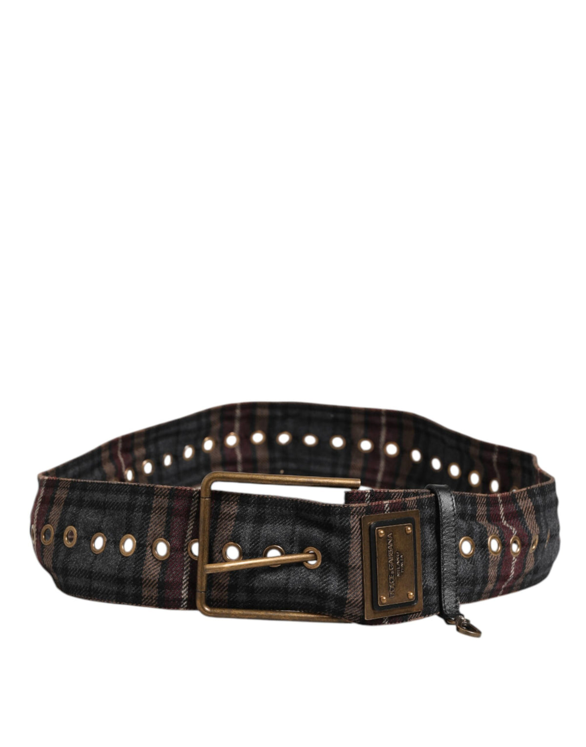 Dolce & Gabbana Plaid Fabric Logo Plate Brass Buckle Belt