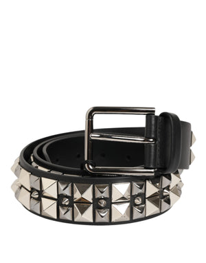 Dolce & Gabbana Black Calf Leather Studded Silver Buckle Belt