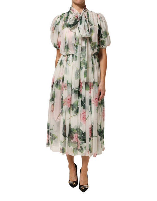 Dolce & Gabbana White Floral Print Silk Pleated Midi Dress