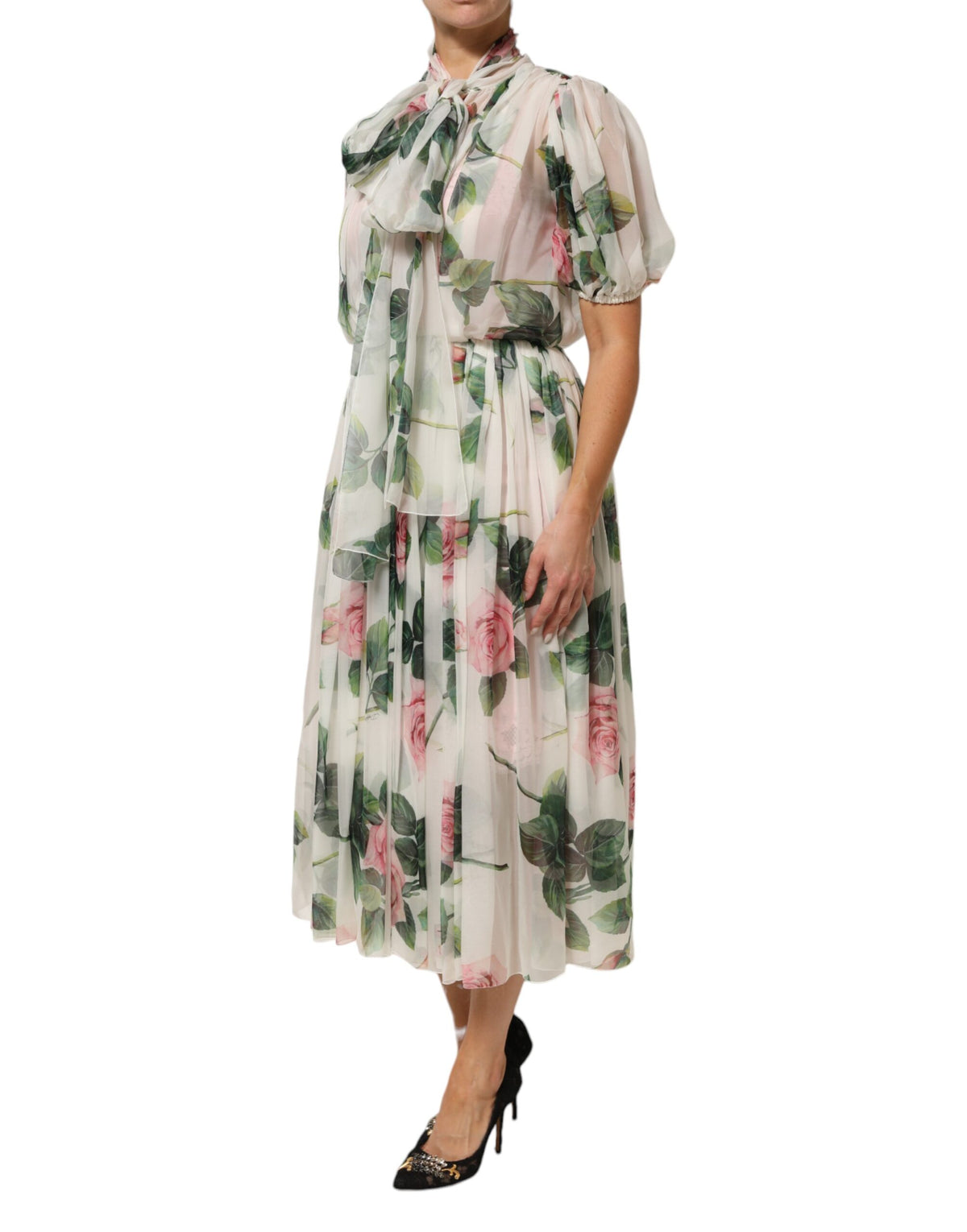 Dolce & Gabbana White Floral Print Silk Pleated Midi Dress