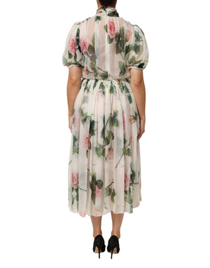 Dolce & Gabbana White Floral Print Silk Pleated Midi Dress