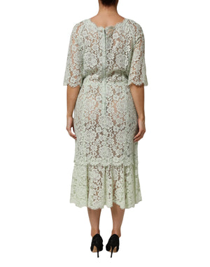 Dolce & Gabbana Mint Green Floral Lace Trim Midi Dress