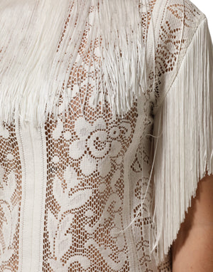 Dolce & Gabbana White Floral Lace Fringe Knee Length Dress